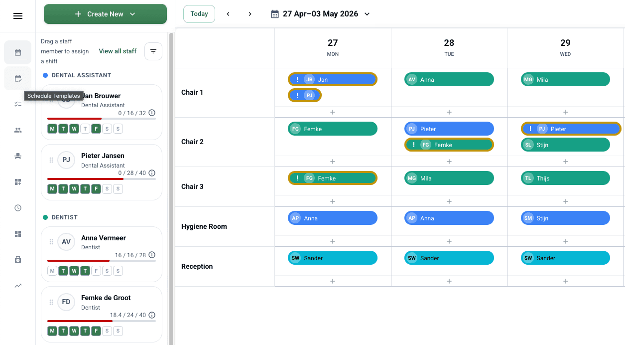 Schedule board: drag-and-drop weekly roster across chairs, with staff availability and shift assignments.